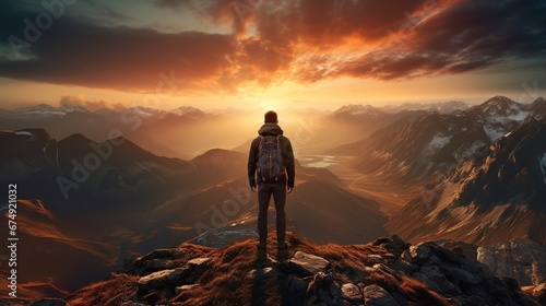 Copy space of man rise hand up on top of mountain and sunset sky abstract background. Freedom and travel adventure concept. Vintage tone filter effect color style.
