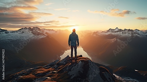 Copy space of man rise hand up on top of mountain and sunset sky abstract background. Freedom and travel adventure concept. Vintage tone filter effect color style. photo