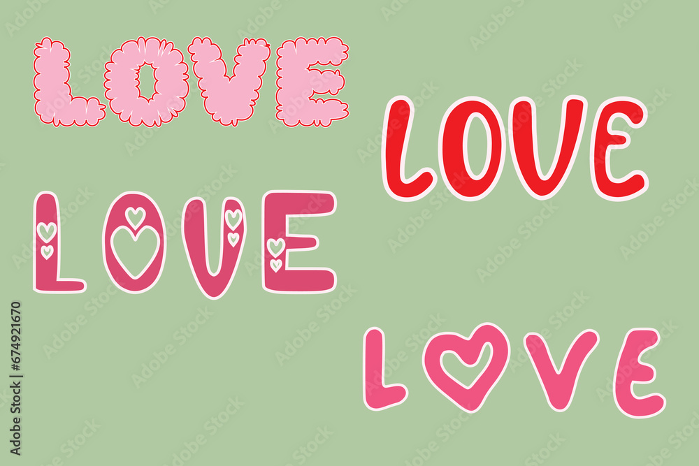 Word love is written different decorative fonts You can use each element separately or design as whole Happy Vector greeting Valentine's Day Wedding Invitations Greeting card Pink Red letters Heart