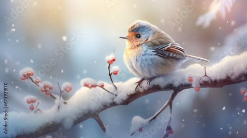 Cute bird on a tree branch in winter background, photorealistic compositions, white, ethereal, meditative color contrasts © ME_Photography