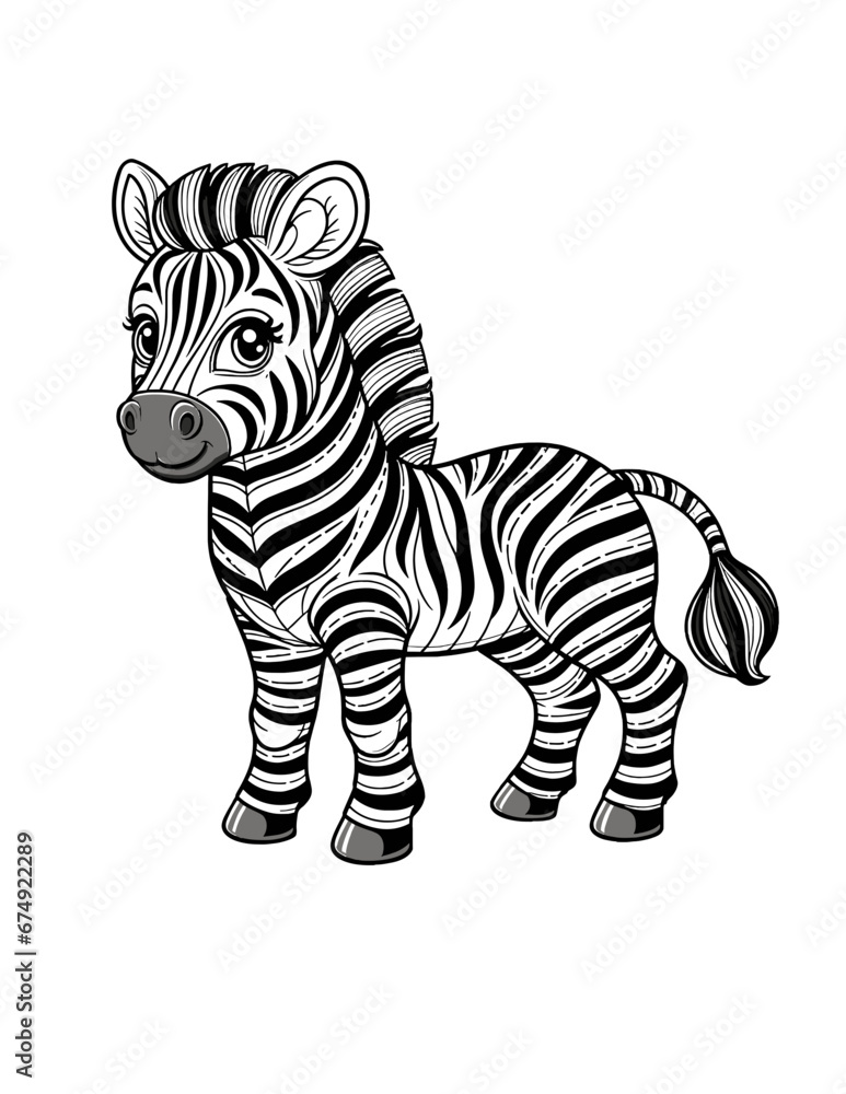 Obraz premium Wild Zebra coloring book page, coloring page, farm animal, black and white, isolated, vector art zoo safari