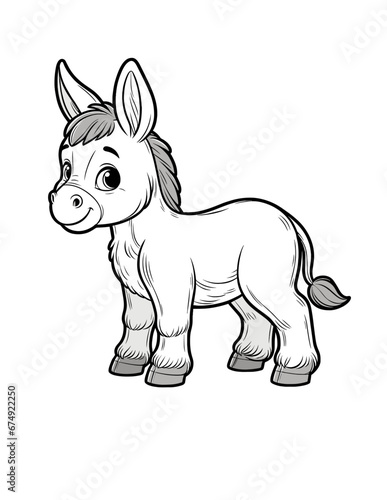 Cute donkey burro mule coloring book page, coloring page, animal, black and white, isolated, vector art, wild zoo farm animals