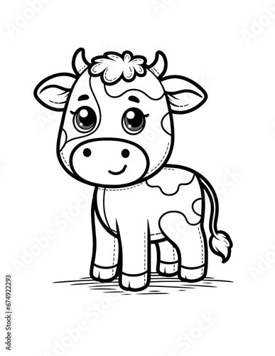 Cow bovine moo coloring book page, coloring page, farm animal, black and white, isolated, vector art