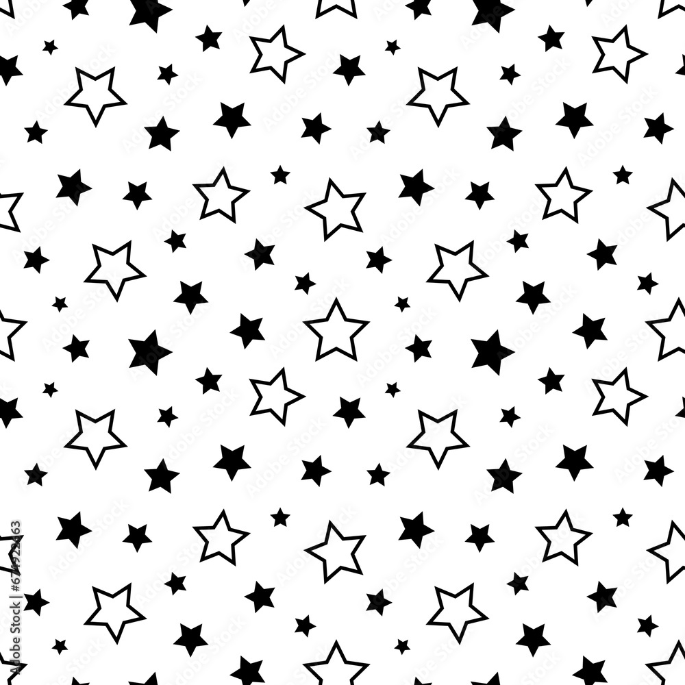 Star seamless pattern. Repeating black stars isolated on white background. Repeated simple prints for design. Abstract monocrome lattice. Repeat sample. Geometric random texture. Vector illustration Star seamless pattern. Repeating black stars isolated on white background. Repeated simple prints for design. Abstract monocrome lattice. Repeat sample. Geometric random texture. Vector illustration
