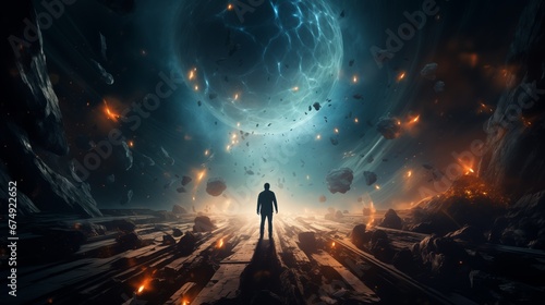 A person floating in space that is vibrant with portals and vortexes leading into parallel dimensions and alternate realities of another world
