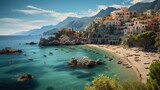 Taormina bay landscape with tourist man with backpack. Sicilian scenery sea resort. Travel Sicily. Tourist standing on shore. Young man and boats on beach. Travelling guy in South Europe. Person.