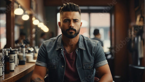 handsome man sitting in a barbershop, front view, realistic image