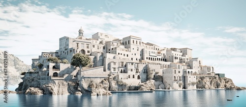 Taormina bay landscape with tourist man with backpack. Sicilian scenery sea resort. Travel Sicily. Tourist standing on shore. Young man and boats on beach. Travelling guy in South Europe. Person.