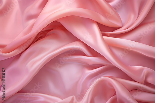 Closeup of rippled pink satin fabric as background texture
