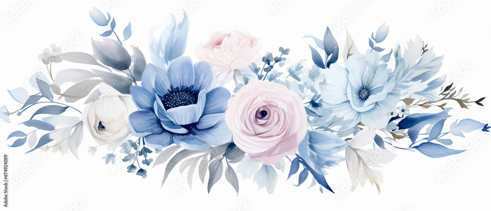 fondo ramo floral en tonos azules, rosas y verdes sobre fondo blanco - obrazy, fototapety, plakaty 