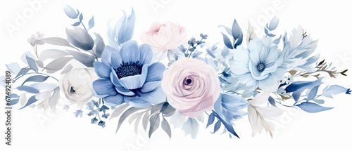 Fotografia fondo ramo floral en tonos azules, rosas y verdes sobre fondo blanco