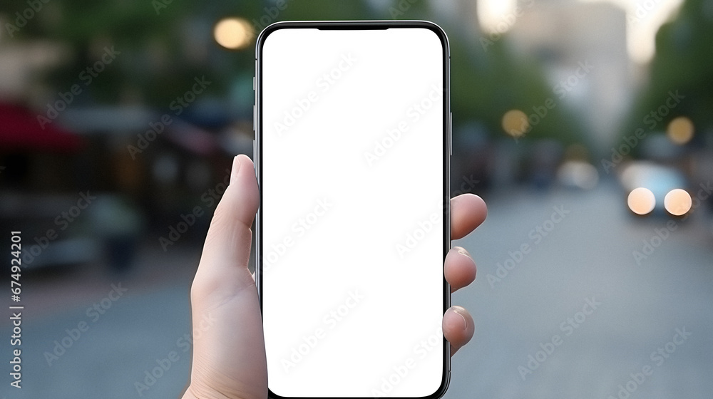 A Close-up of a Hand Holding a Smartphone with an Empty Screen Mockup