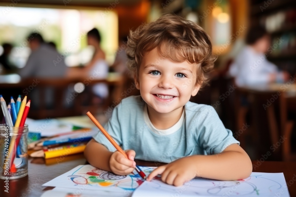 Three year old boy, brown hair, Kindergarten, Coloring with Pencil Three year old boy, brown hair, Kindergarten, Coloring with Pencil