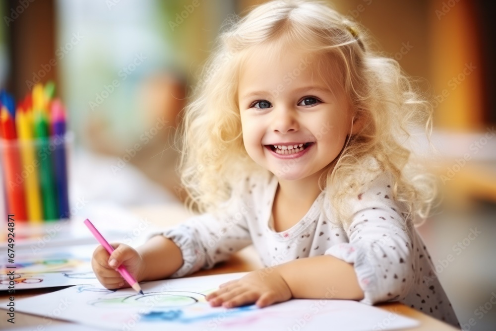 Three year old girl, blonde hair, Kindergarten, Coloring with Pencil Three year old girl, blonde hair, Kindergarten, Coloring with Pencil