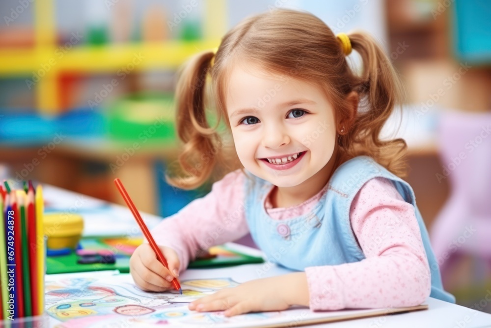 Three year old girl, brown hair, Kindergarten, Coloring with Pencil Three year old girl, brown hair, Kindergarten, Coloring with Pencil