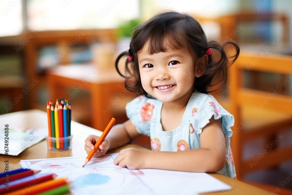 Three year old girl, asian, Kindergarten, Coloring with Pencil Three year old girl, asian, Kindergarten, Coloring with Pencil