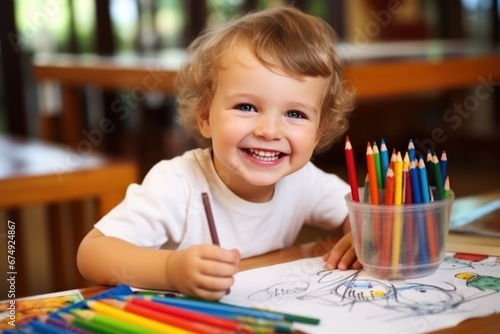 Three year old boy, brown hair, Kindergarten, Coloring with Pencil