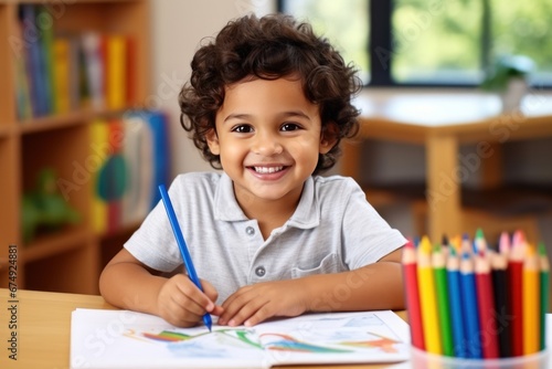 Three year old boy, brown hair, hispanic,  Kindergarten, Coloring with Pencil photo