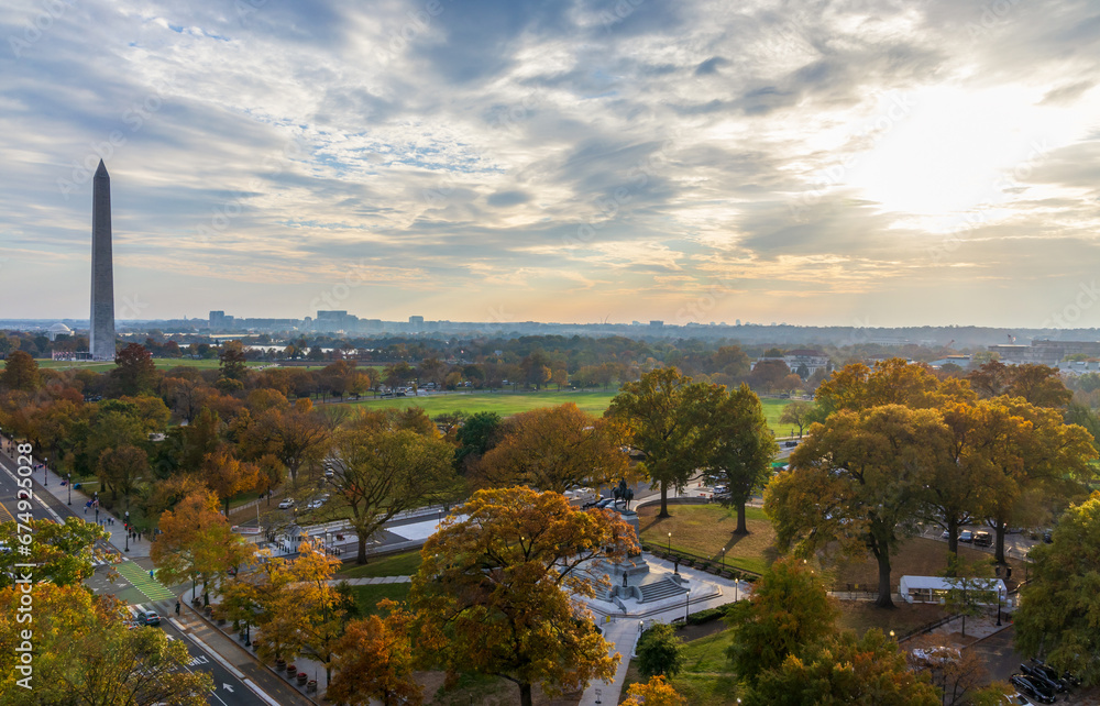 Washington DC aerial view with National Mall and Monument on an autumn sunset