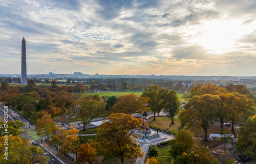 Fototapeta Naklejka Na Ścianę i Meble -  Washington DC aerial view with National Mall and Monument on an autumn sunset