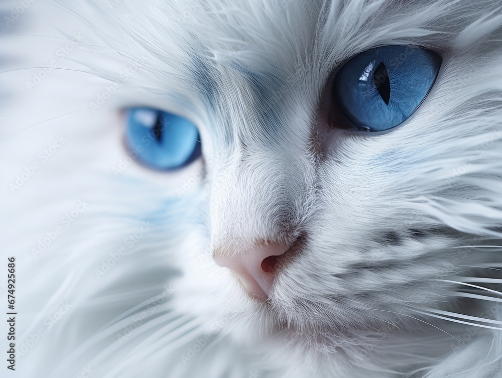 Close-up of a white cat with one bright blue eye and soft fur. Close-up of a white cat with one bright blue eye and soft fur.