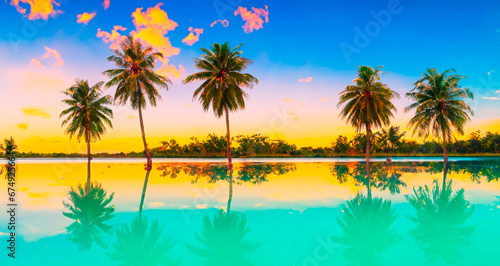 Beautiful luxury swimming pool with coconut palm tree at sunset times - Vintage Filter 