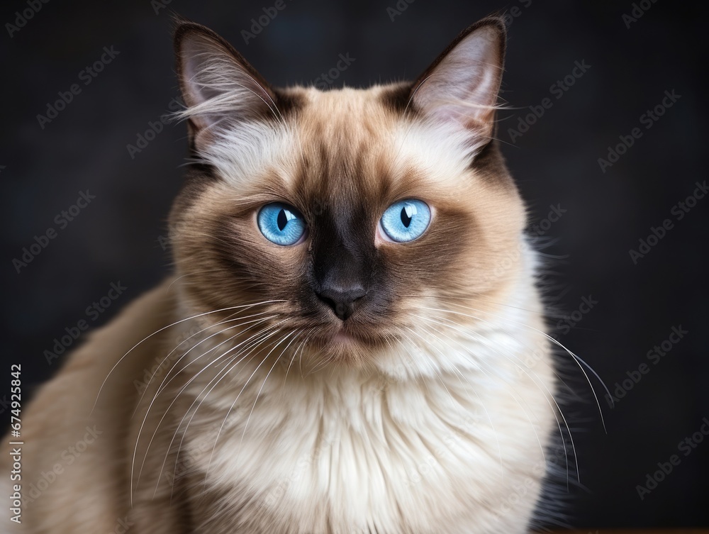 Siamese cat with ocean blue eyes, cream fur, dark facial mask and distinctive vibrissae on a dark background.