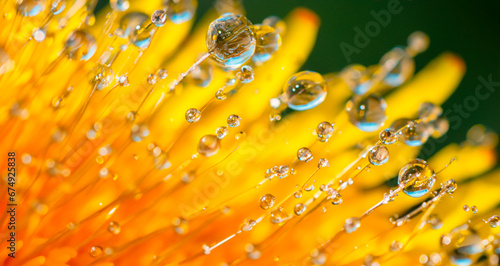 dew drops on yellow dandelion flower macro close up photo