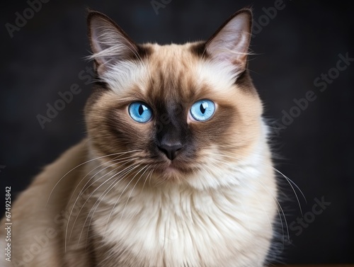 Siamese cat with ocean blue eyes, cream fur, dark facial mask and distinctive vibrissae on a dark background. © Irina