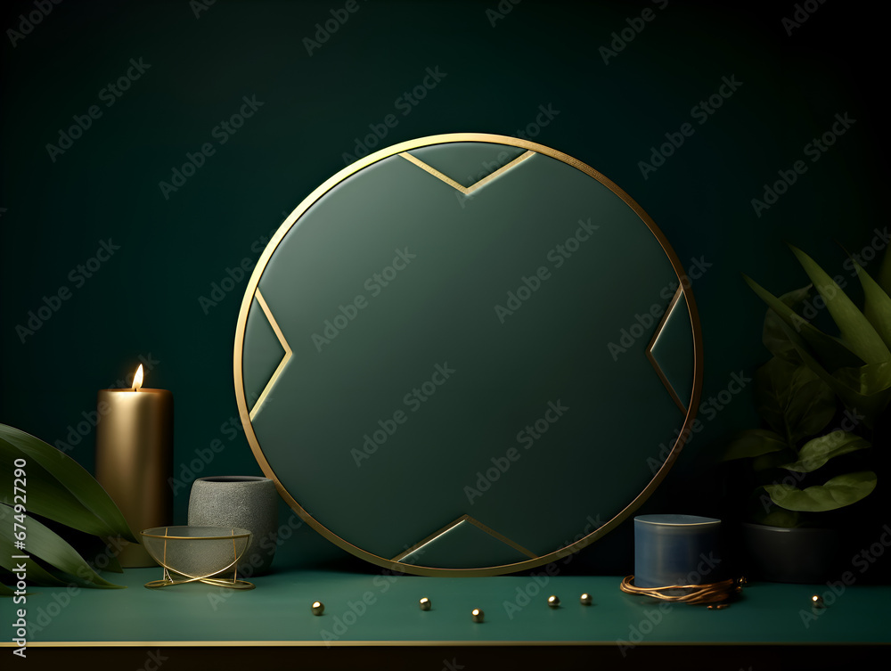 Mock up presentation scene with dark green wall with minimalistic interior decoration Mock up presentation scene with dark green wall with minimalistic interior decoration