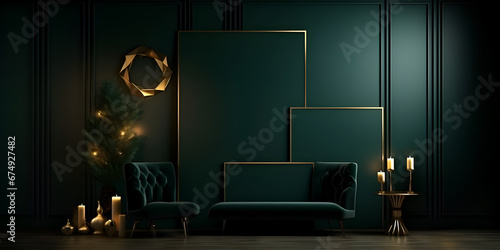 Luxury dark green interior design with golden elements, modern armchair and decorations 