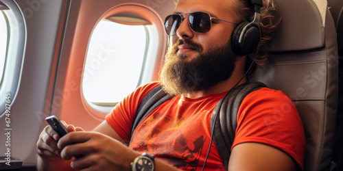 Jet-Setting with Tunes: Young Man Browsing and Listening During Air Travel