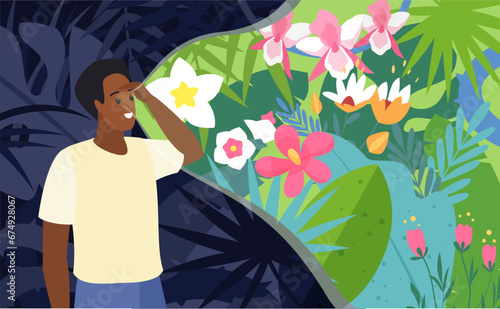 Focus on positive, optimism and mental health vector illustration. Cartoon happy man with optimistic outlook and smile looking forward at beauty of nature in bright colors, vision of good future