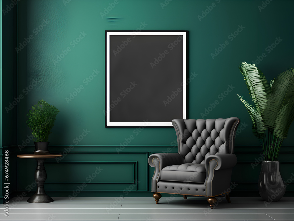 Mock up empty frame on dark green wall with minimalistic interior design, product presentation concept Mock up empty frame on dark green wall with minimalistic interior design, product presentation concept