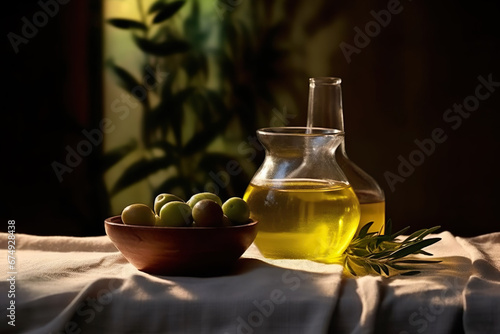 Olive oil in small jar with olives and branch of olive tree with soft shadow.