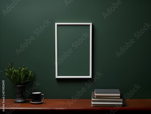 Mock up empty frame on dark green wall with minimalistic interior design, product presentation concept 