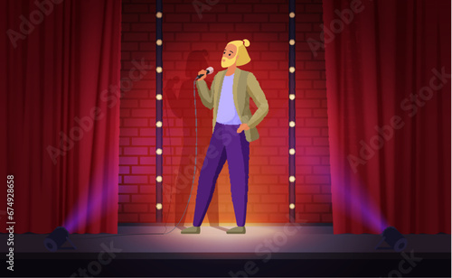 Stand up comedy show on stage with male comedian vector illustration. Cartoon funny man with beard holding microphone to speak, perform jokes, comic person standing in spotlight by red curtains