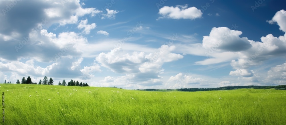 In the summer the sky s vibrant blue becomes the perfect background for the lush green grass where white clouds create patterns against the light filled space showcasing the wonders of natur