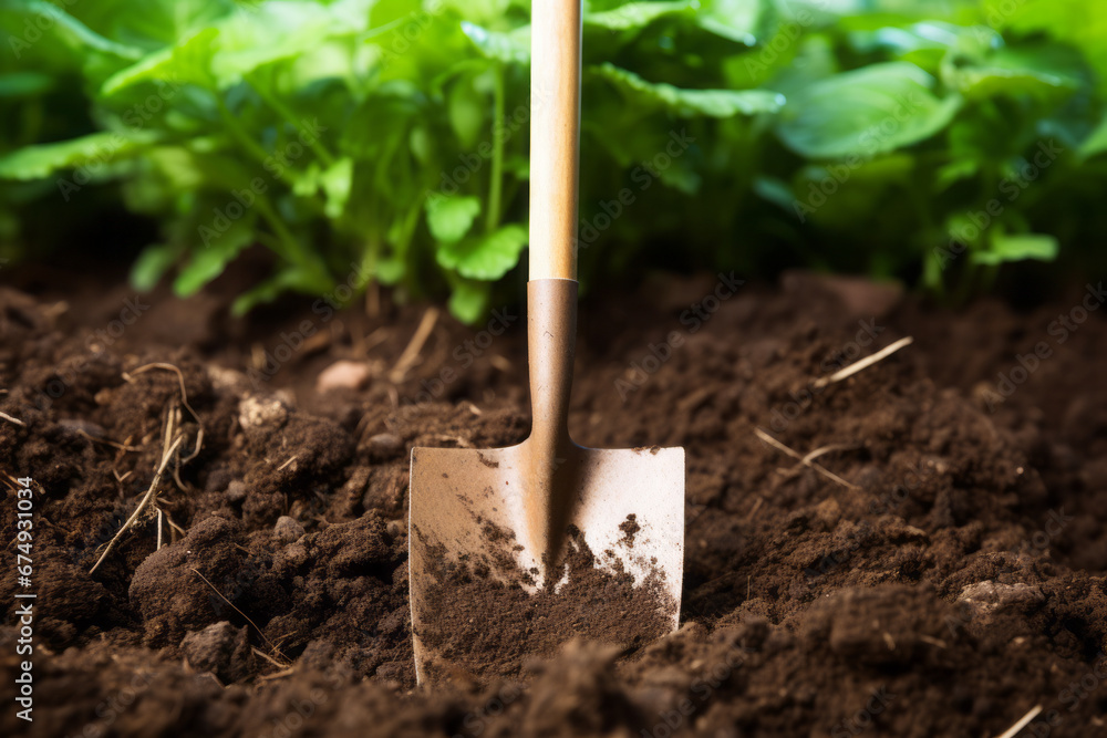 Gardening tools in the soil. Selective focus. Work in the garden in the spring. Planting Gardening tools in the soil. Selective focus. Work in the garden in the spring. Planting
