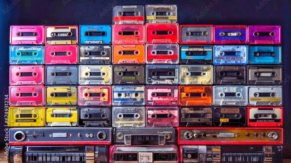 Old audio cassettes in a row and old tape recorders on a black background. Retro music concept. Old audio cassettes in a row and old tape recorders on a black background. Retro music concept.