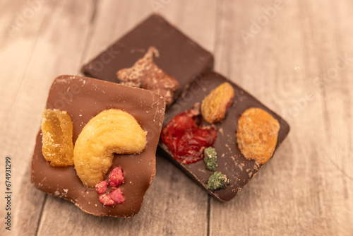 handmade chocolates made with chocolate, nuts and sugared fruit