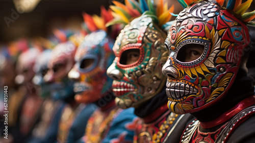 Lucha Libre Wrestling: A close-up shot of luchadores in their iconic masks, engaged in a high-flying wrestling match, epitomizing the theatrical world of Lucha Libre in Mexico