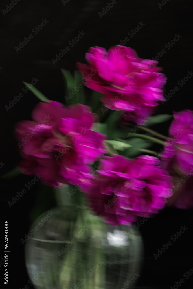 Obraz premium Soft selective focus, photo in motion, bouquet of dark red lilac tulips in glass vase on dark background. flower bouquet in vase on table. Gift interior decoration. florist, decorator. Flower shop.