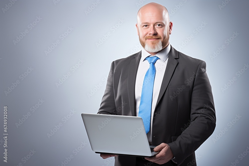 business man wearing suit and holding a laptop isolated on plain grey background business man wearing suit and holding a laptop isolated on plain grey background