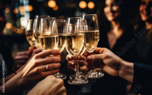 A group of friends clink glasses with champagne
