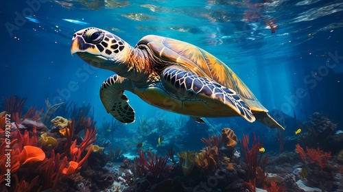 Wallpaper of a sea turtle swimming.