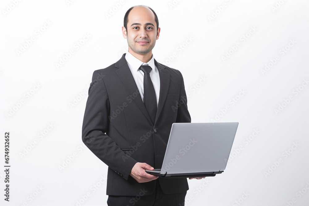 business man wearing suit and holding a laptop isolated on plain background business man wearing suit and holding a laptop isolated on plain background