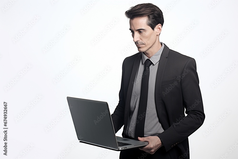 business man wearing suit and holding a laptop isolated on plain background business man wearing suit and holding a laptop isolated on plain background