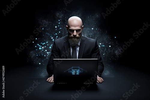 business man wearing suit and holding a laptop black and blue background future elements photo