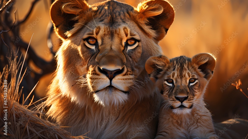 Wallpaper of a lioness and her cub. Wallpaper of a lioness and her cub.